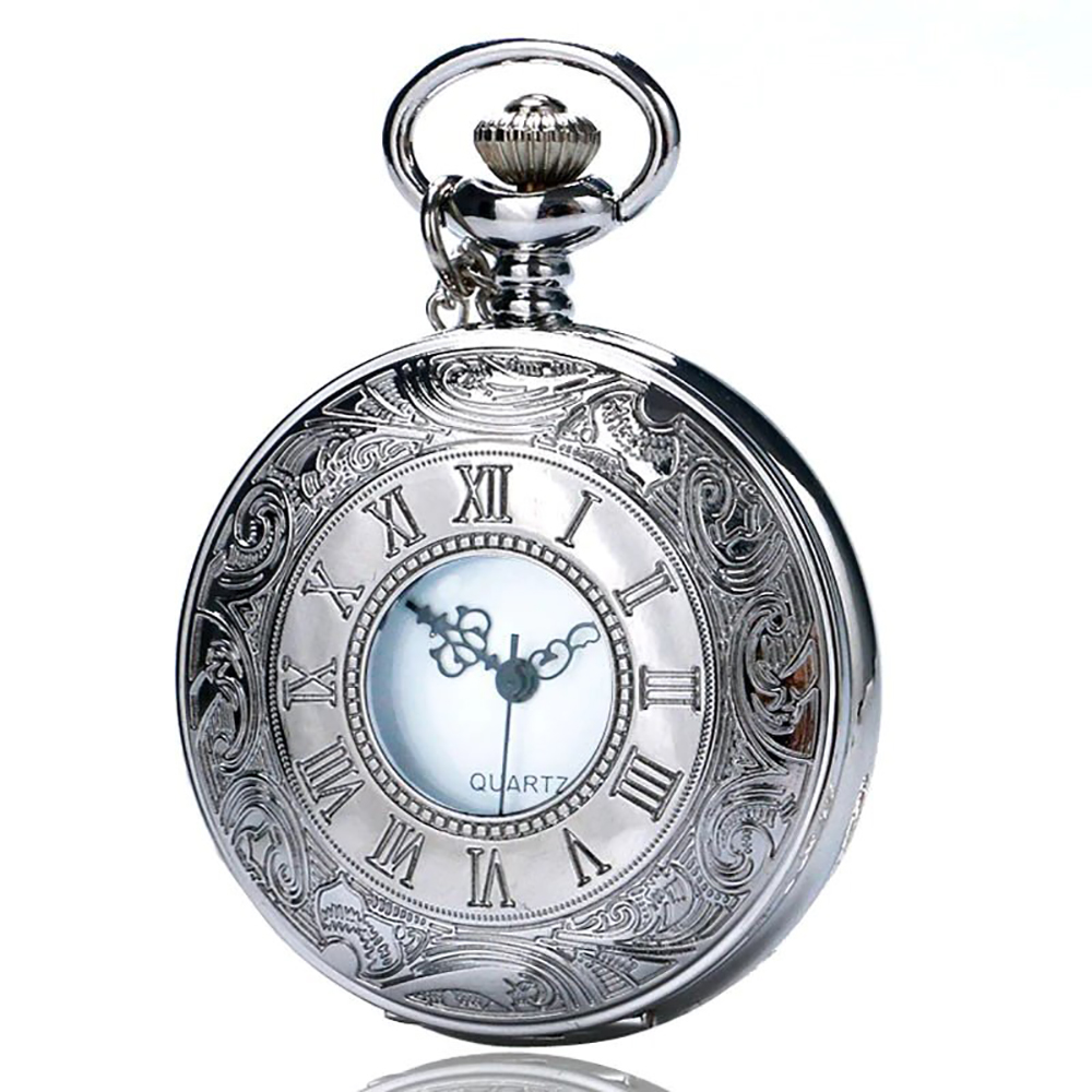 Egoísmo Viajero ratón Reloj de Bolsillo plateado con Cadena y Grabado en caja con números romanos  y decimales – 24Joyas tienda de compra de relojes y joyas